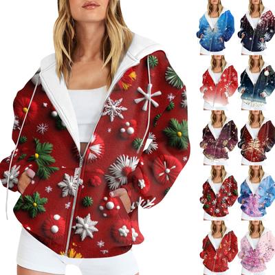 Ladies Fashion Casual Christmas Print Sweatshirt  Winter Long Sleeve Cardigan Jacket With Pocket Zipper Hoodie Jacket