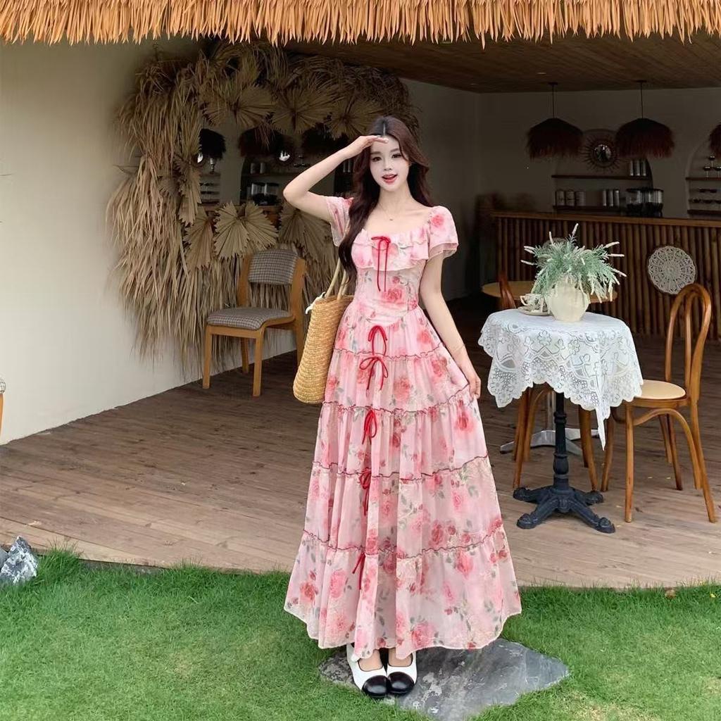 Summer new French retro ruffle edge bow long dress waist floral vacation thin temperament dress women