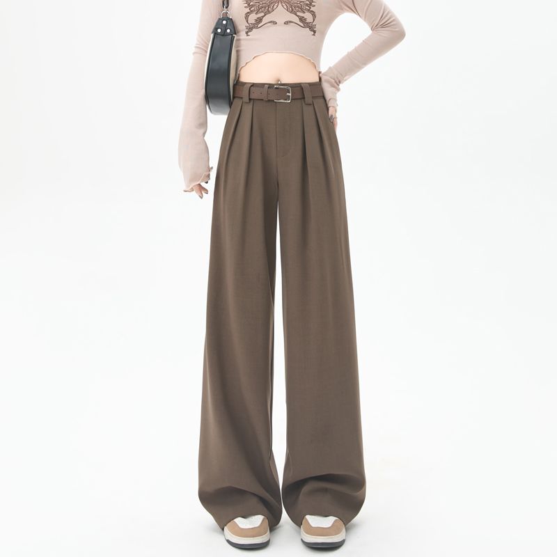 

High-Grade Gray Suit Pants Women New Straight Pants Plus size Chubby Girl Slimming Loose Drape Narrow Wide-Leg Pants Curry 5 Size XL [Recommended 87.50 kg-100.00 kg]]