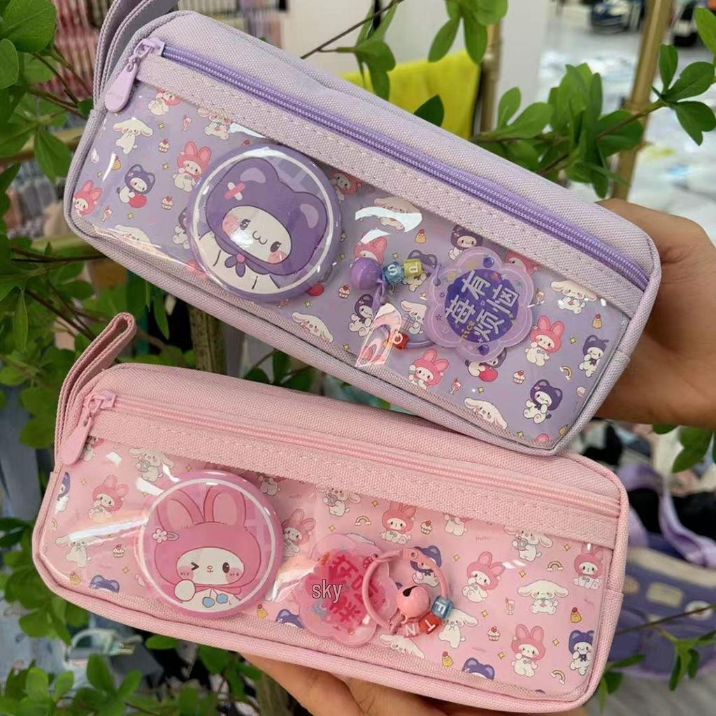 Stylish Double-Layer Canvas Pencil Case for Kids - Cute Badge Design, Large Capacity, Perfect for Primary Students