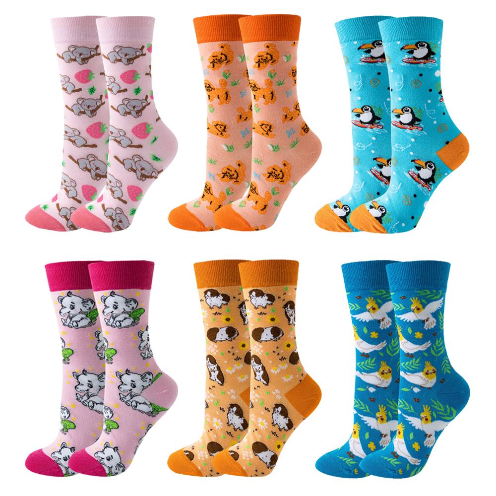 6 Paar Neue Mode Niedliche Fröhliche Mid-Tube Damen Socken Wassermelone Kirsche Katze Hund Flamingo Kuh Lieblich Lässig Lustige Socken