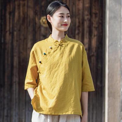 2025 Sommer Damen Retro Baumwolle Leinen Stehkragen Colorblock Kurzarm Top für Te Zeremonien