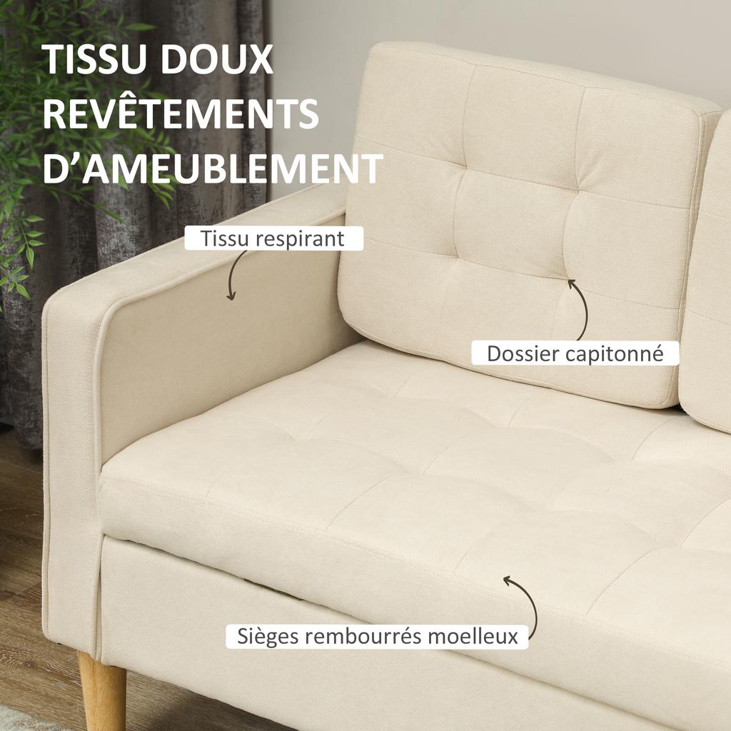 3-Seater Sofa In Snow Flannel, Modern Sofa with Hidden Storage, Tufted Backrest, 166.5 X 62 X 82 Cm, Cream