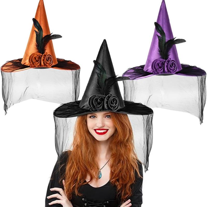 Trend Teen Witch Hat with Black Veil Applique Fashion Adult Teen Flower Witch Hat Halloween Carnivals Cosplay Hat