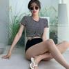 Women's Short Sleeve Striped High Waist Swimsuit, Korean Style, Tummy Control, Slimming, In Stock