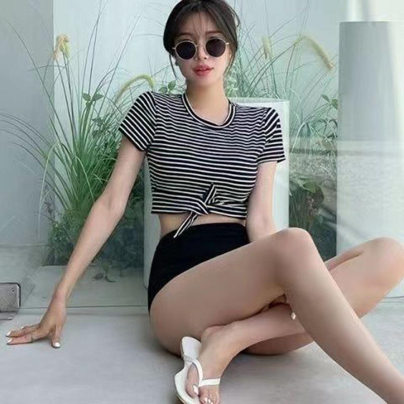 Women's Short Sleeve Striped High Waist Swimsuit, Korean Style, Tummy Control, Slimming, In Stock