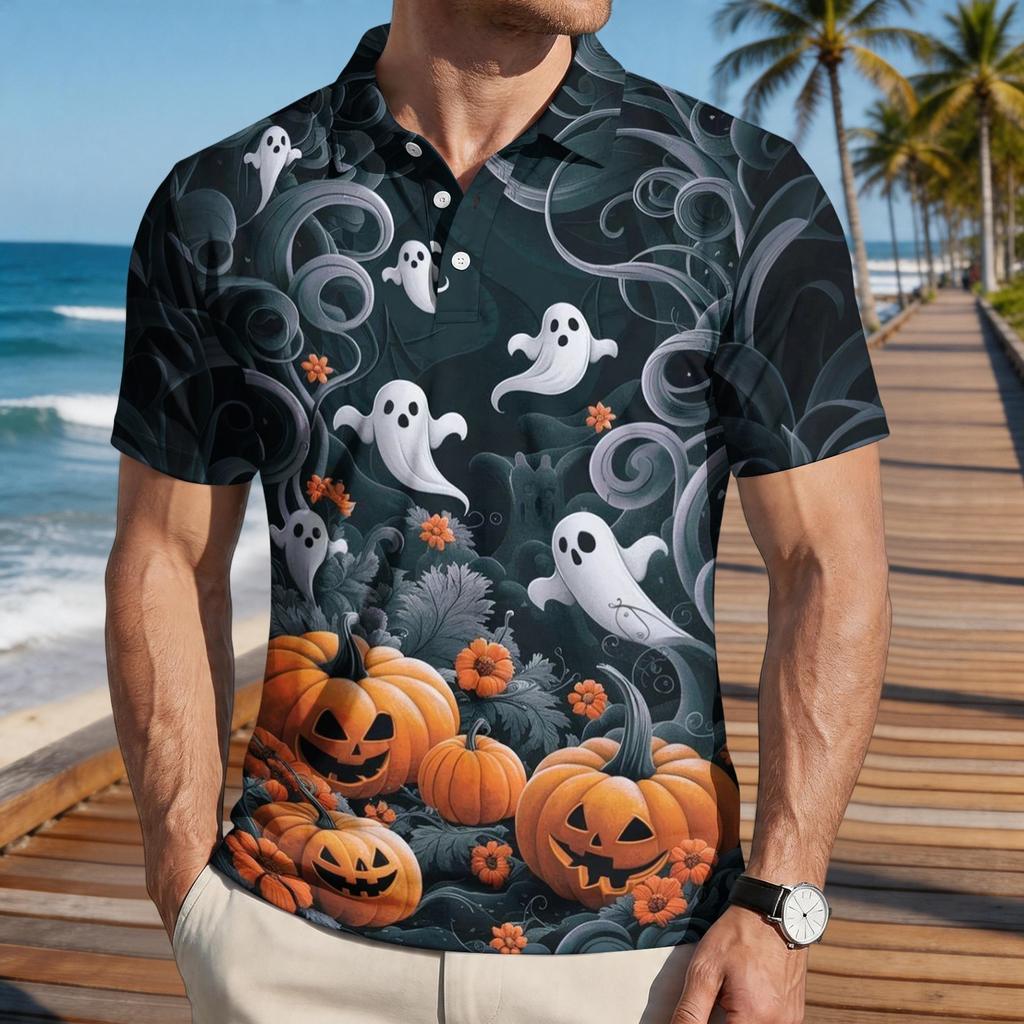 Men Halloween Print Casual Short Sleeve Shirt with Pumpkin Bat and Leaf Patterns Lightweight Button Down Top