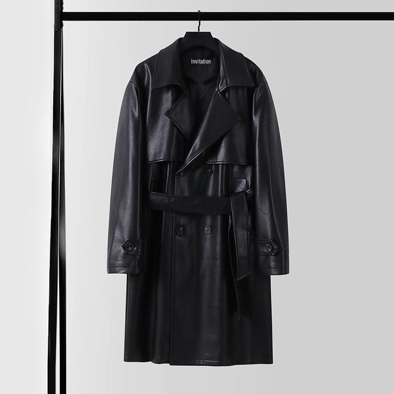 Men's Plus Size High-End PU Leather Knit Trench Coat - Korean Style, Loose, Casual, Spring/Autumn.
