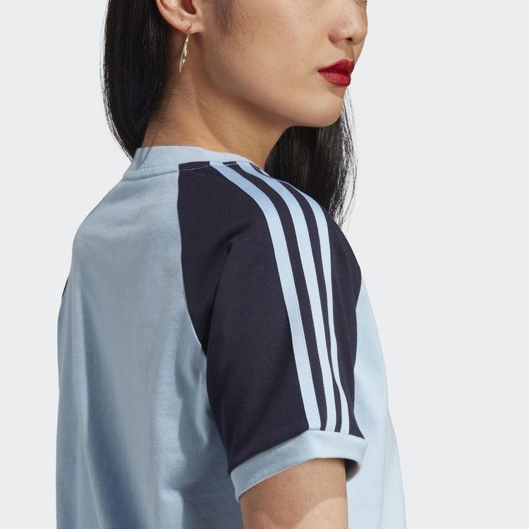 Adidas Originals X Sporty & Rich SS23 Striped Contrast Logo Print Crop Loose Casual Short Sleeve T-Shirt Women Tops Blue IN5250