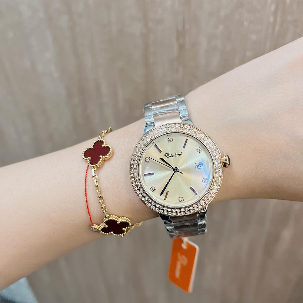 Neue einfache Stahlbanduhr Casual Fashion Kalender Damen Stahlbanduhr Nische Wasser Diamant Englische Uhr