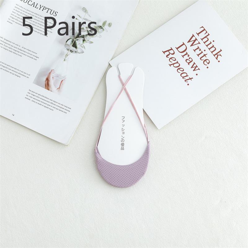 

5 пар женских носков с бретелью через шею, неглубокие, открытые, невидимые носки Ice Silk, носки до середины стопы, износостойкие носки-лодочки 5 Pairs фиолетовый