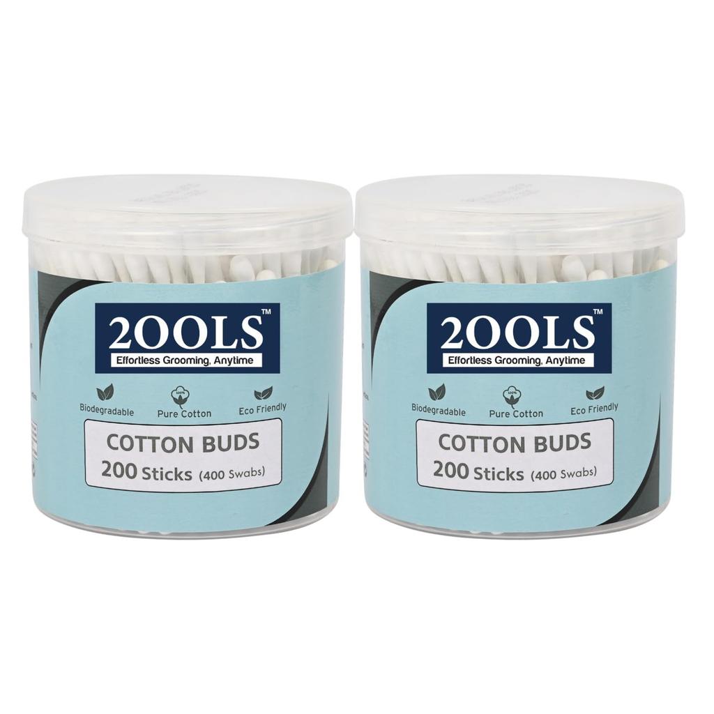2ools Cotton Buds, Gentle Cotton Swabs for Personal Hygiene and Beauty - 200 Sticks (400 Swabs) (TSCS8003, Pack of 2)