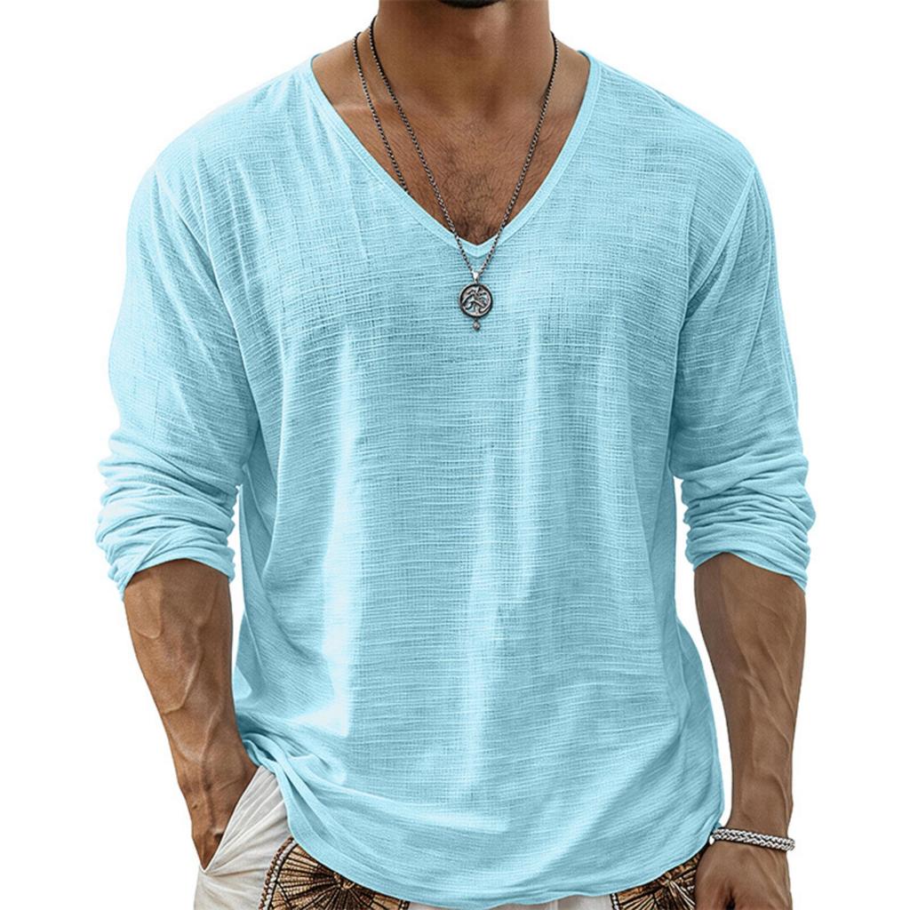 Men Long Sleeve T Shirt V Neck Solid Color Casual Streetwear Lightweight Comfortable Fit Simple Design Long Sleeve Top