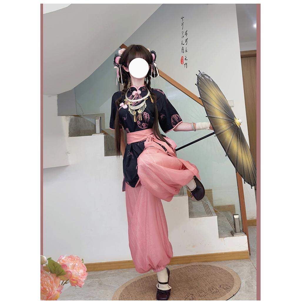 Kostium Cosplay w Stylu Chińskim, Zestaw Topu z Kołnierzykiem Stojącym i Spodniami typu Lampion, Codzienny Vintage Kostium Hanfu