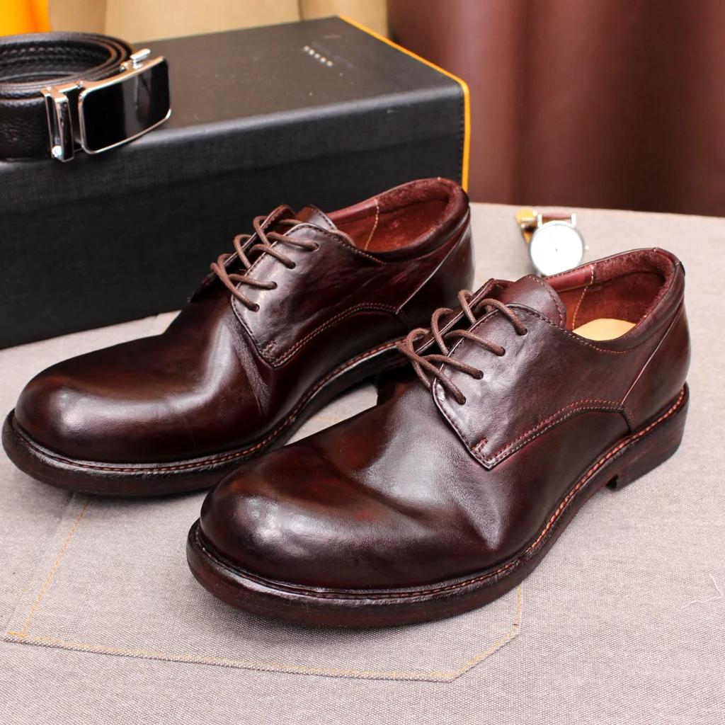 Fashion Men's Handmade Goodyear Sewn Derby Formal Shoes Soft Genuine Leather round Toe Comfortable Non-Slip Casual Shoes