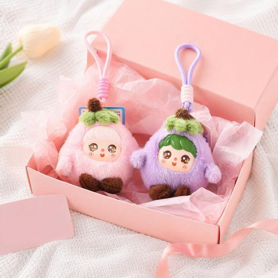Cute Vinyl Fruit Doll Plush Keychain, Small Kawaii Stuffed Animal Pendant for Bag Backpack Purse, Soft Cartoon Key Ring Charm, Gift for Girls