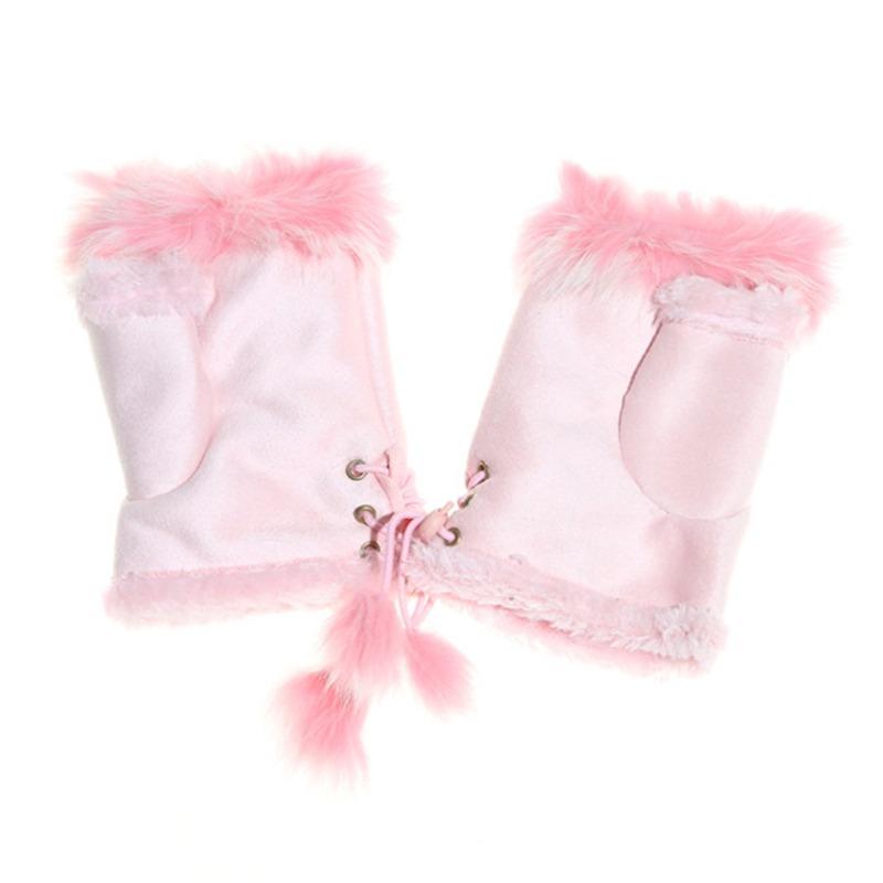 High Quality Half Finger Female Gloves Cute Plush Leather Gloves Faux Rabbit Hair Wrist Fingerless Mittens For Women