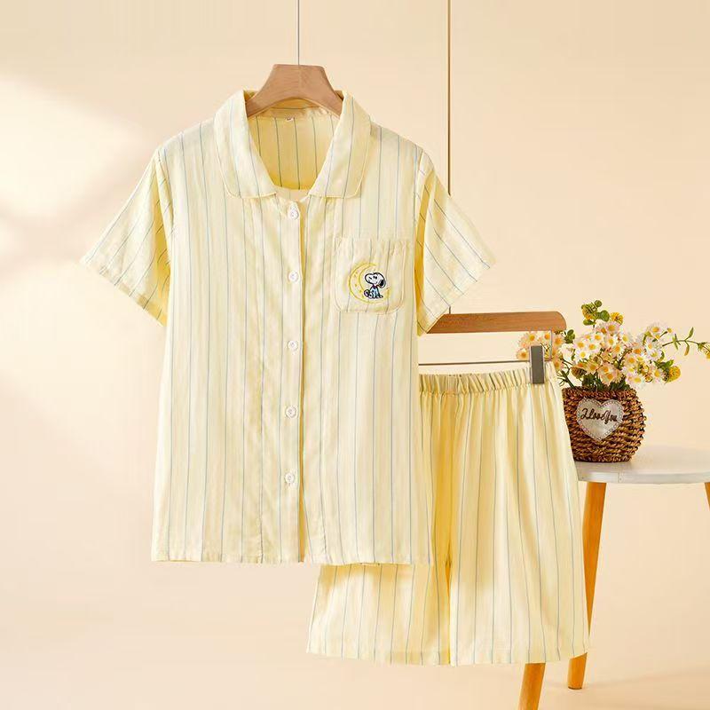 [Short] Summer pajamas women's new% cotton cartoon cardigan double-layer yarn loungewear set