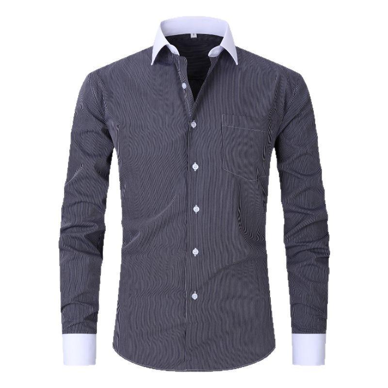 Men's Pocketed Striped Shirt: Business Commute, Crease-Resistant, Long-Sleeved, Plus Size