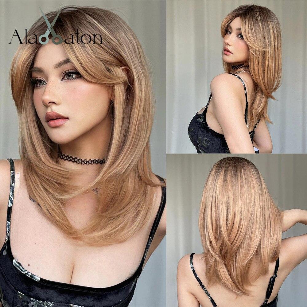 ALAN EATON Medium Length Brown Layered Synthetic Wig Ombre Straight Wigs with Bangs for Women Daily Use Soft Heat Resistant Hair