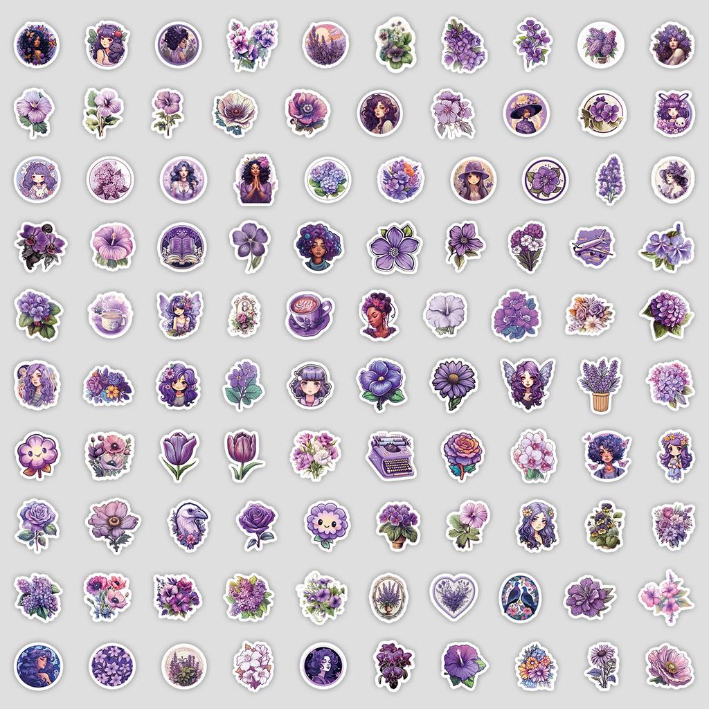 100 Blatt Violette Serie Kritzelaufkleber, Niedliche Pflanzenaufkleber, Wasserbecher und Computer Wasserdichte Dekorationsaufkleber