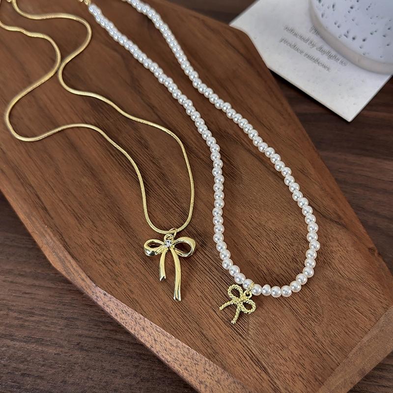 Stylish Beaded Necklace with Bowknot Pendant Choker Necklaces Fashionable Jewelry Gift Adjustable Chain for Women Girls