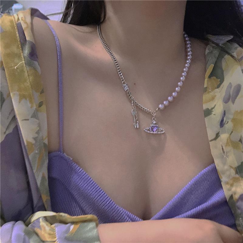 Zircon geometric cold wind necklace female, clavicle chain female high-end sense, pearl clavicle chain light luxury design sense