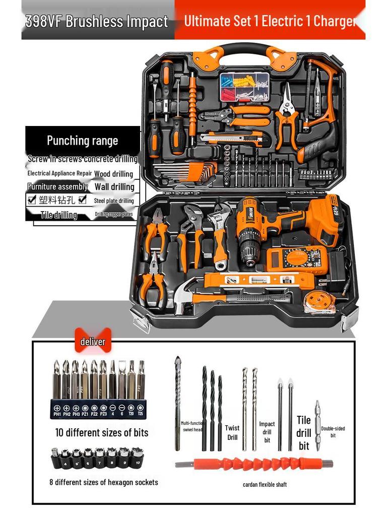 Multifunction Electric Handheld Drill & Screwdriver Set - Impact, Woodworking, Pistol Drills with Toolbox
