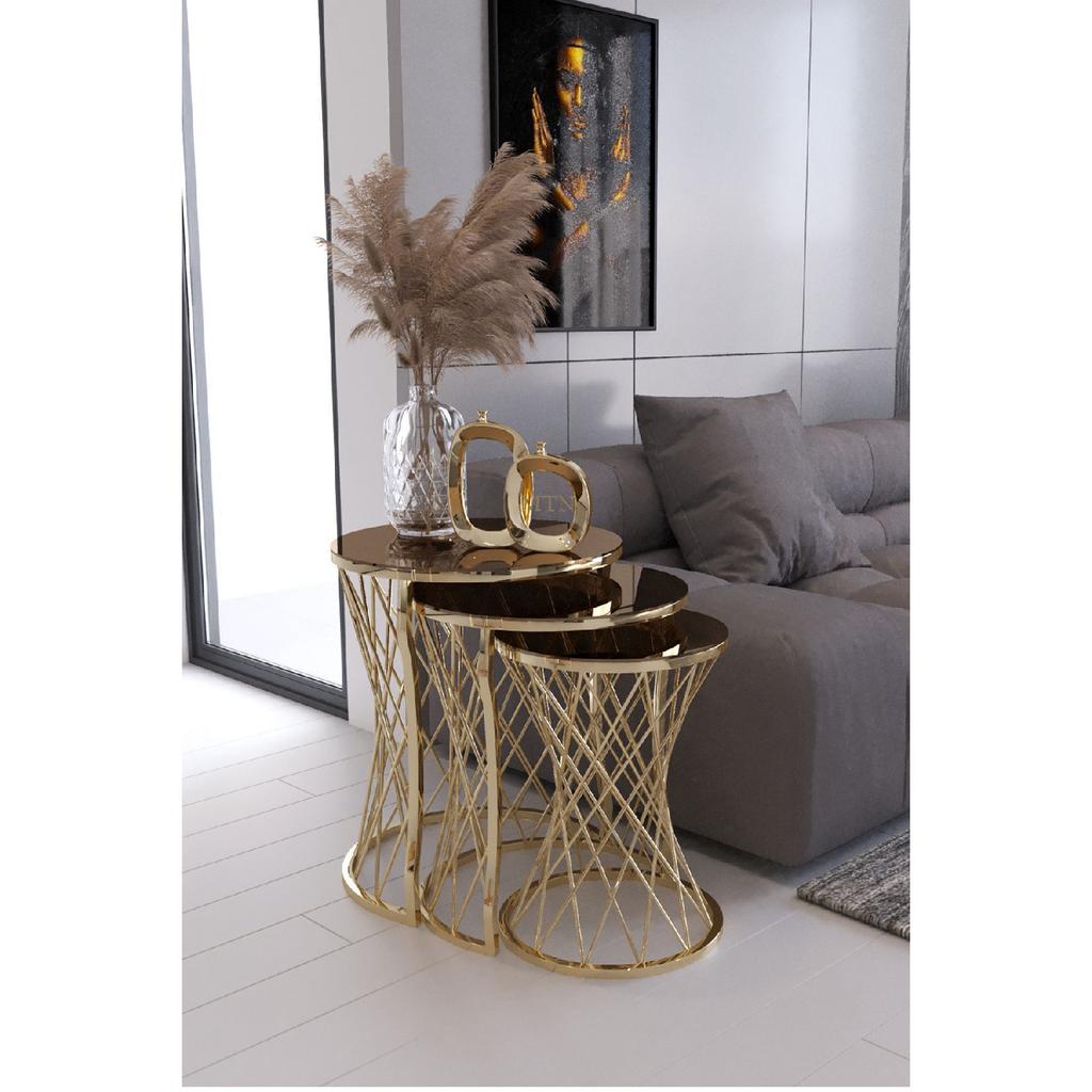 Wicker 3-seat Nesting Coffee Table Gold Leg Bronze Mirror