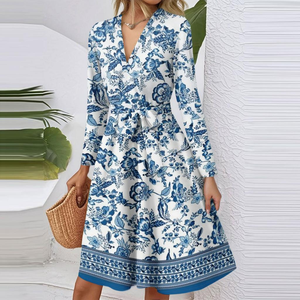 Women's Fashion Casual V-Neck Long Sleeve Waist Floral Print Midi Dress