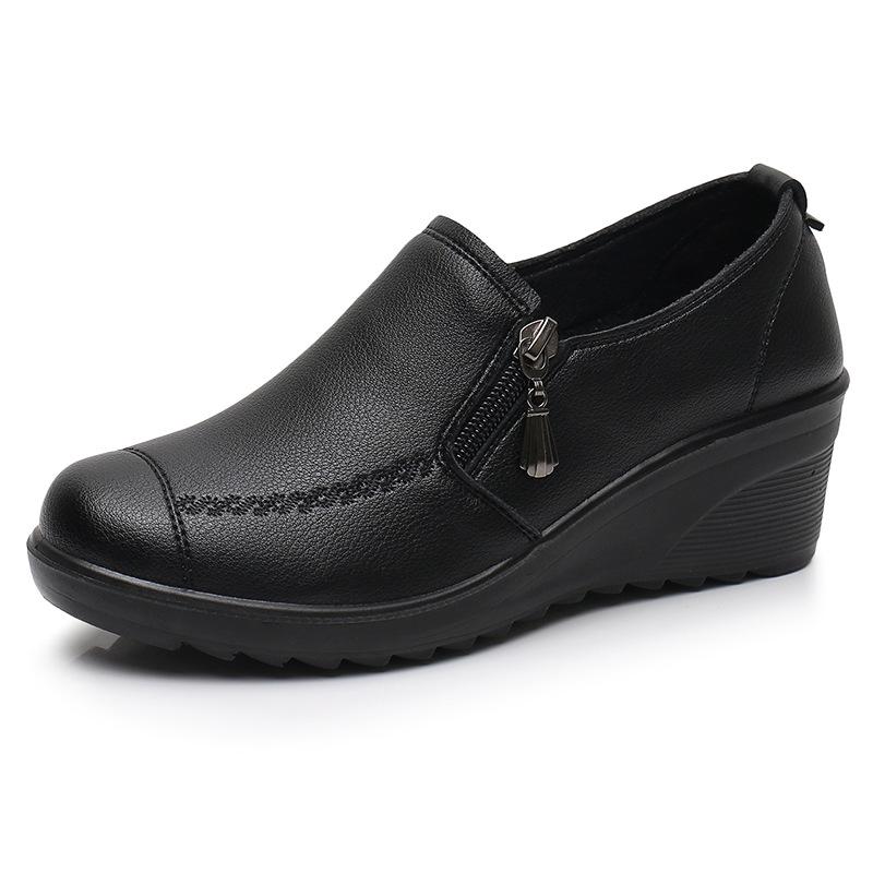 Scarpe con zeppa in pelle da donna primavera e autunno 2025 - Scarpe comode singole per mezza età e anziani