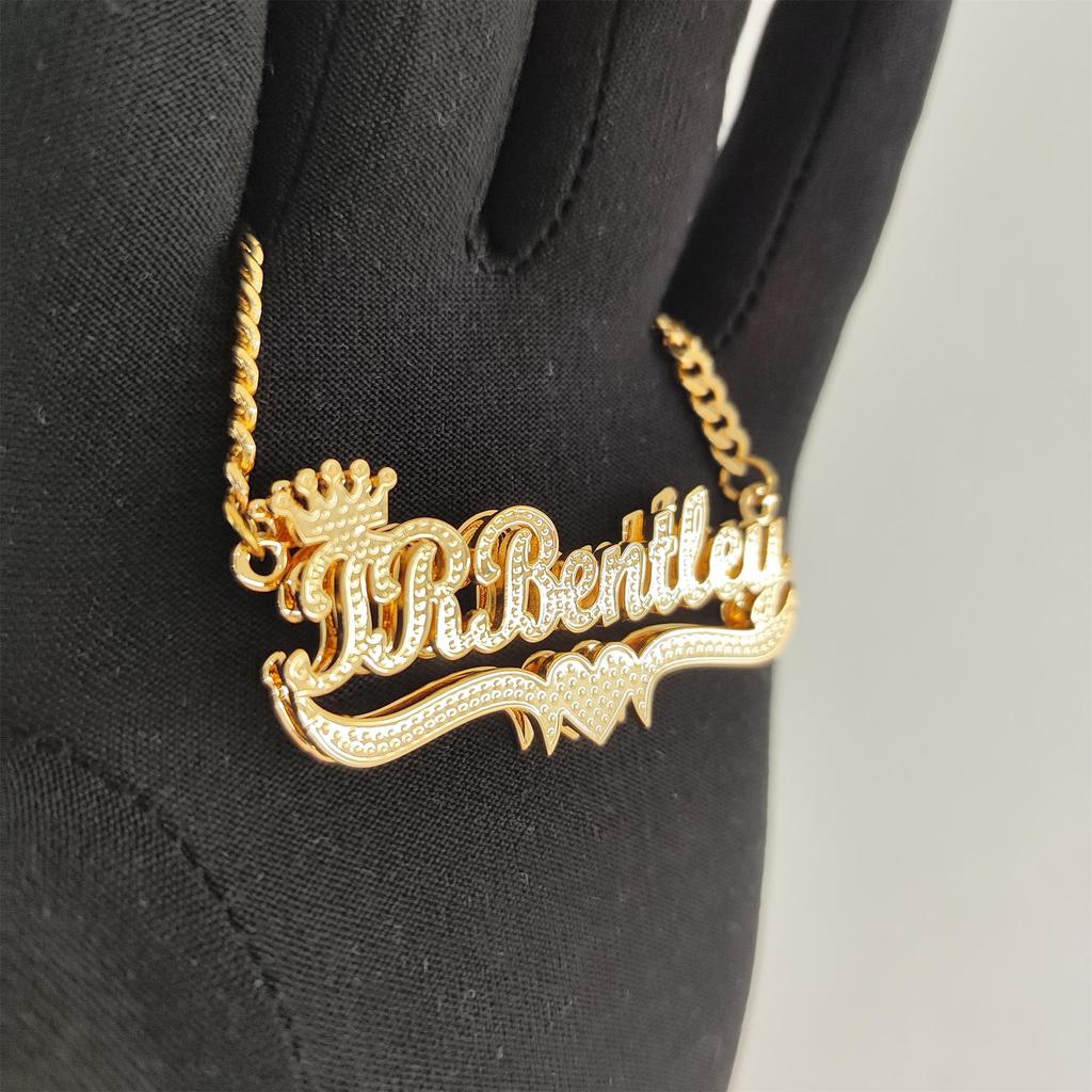 Custom Stainless Steel Punk Double Plate Two Tone Heart Name Necklace with Link Chain Gift for Her