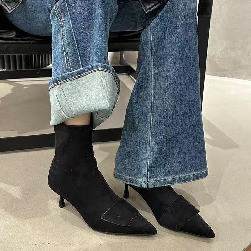 Pointed Short Boots Women's 2025 Autumn and Winter New Women's Boots Thin Heel Boots High Heels Short Boots Thin Boots Martin Boots