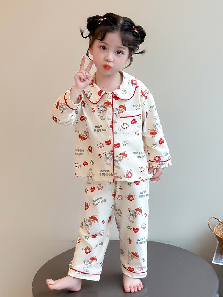 Girls' Cute Apple Pajama Set, Spring/Autumn 2025 - Pure Cotton, Long Sleeve & Pants, Cartoon Design Homewear