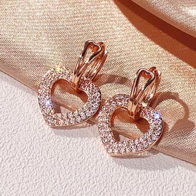 Huitan Aesthetic Rose Gold Color Heart Drop Earrings Lady Engagement Accessories with Bright Zirconia Graceful Wedding