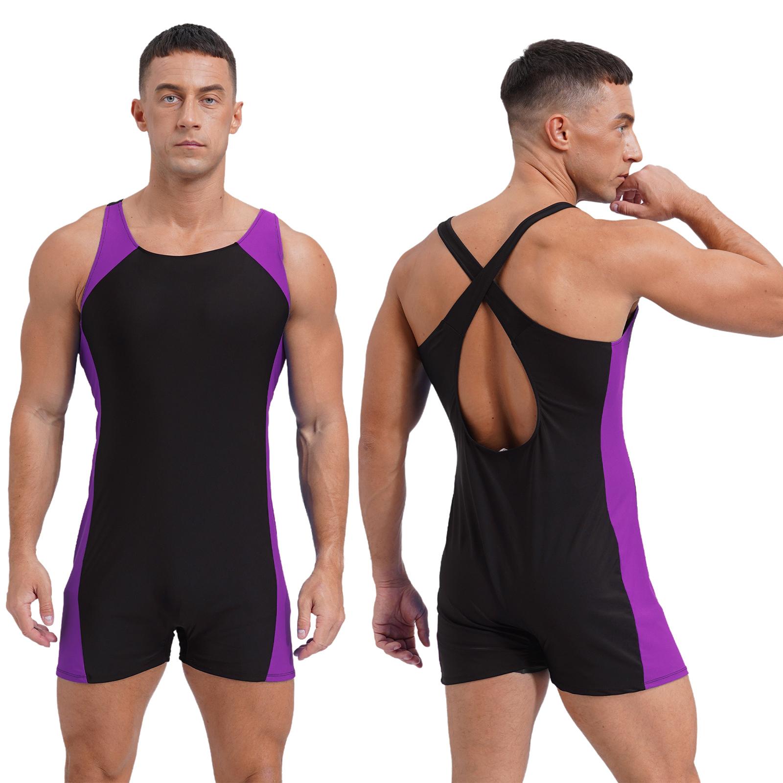 

Мужской купальник с U-образным вырезом, перекрещивающимися бретелями на спине, быстросохнущий боди с контрастной отделкой для бассейна и пляжа L фиолетовый