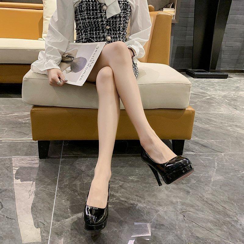 New high-heeled fashion women's shoes waterproof table thin-heeled single shoes patent leather round head large-size work women's single shoes