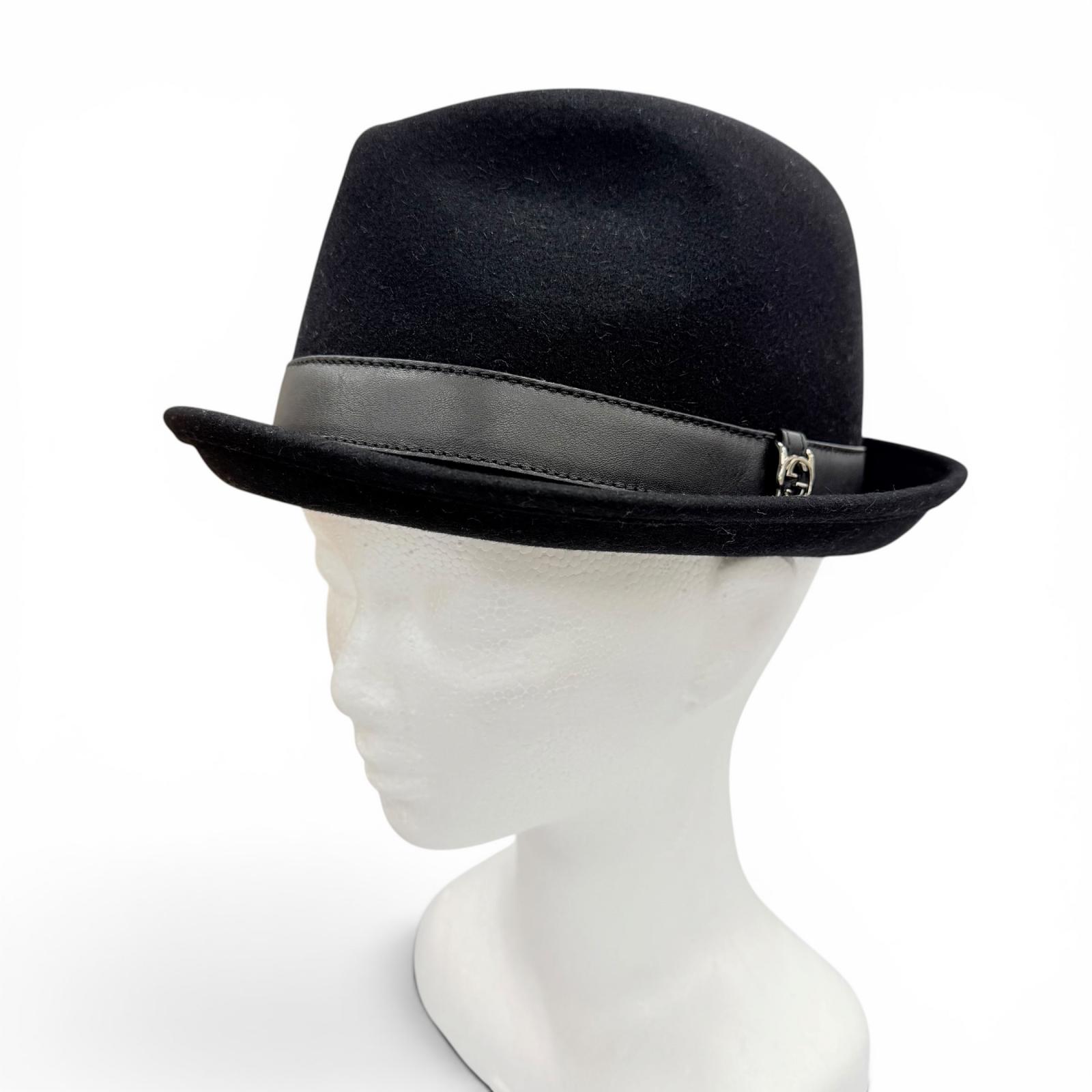 Pristine GUCCI hat Leather felt hat with interlocking GMetal black wool mens XL Used