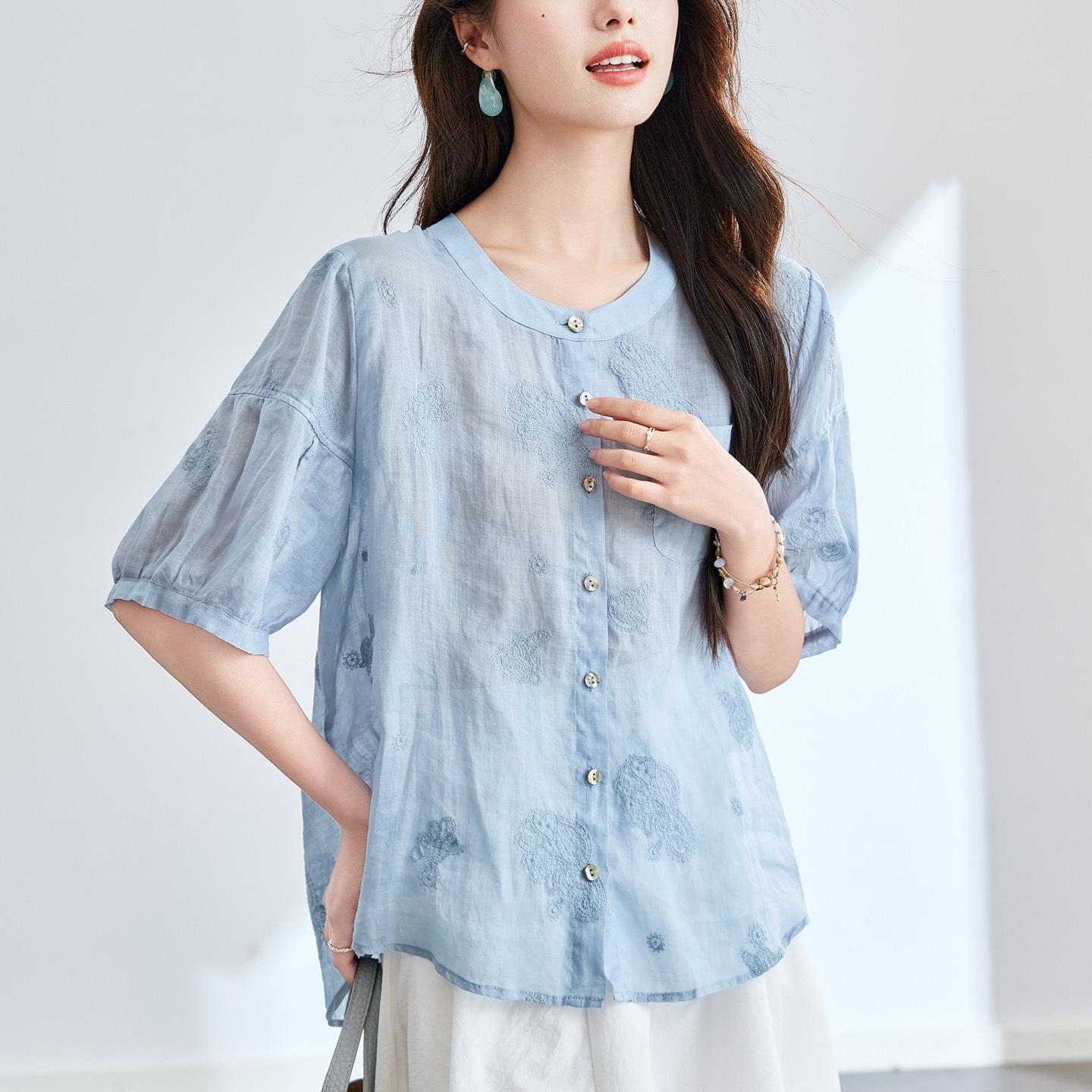 

Новый стиль льняной рубашки с ретро-вышивкой, свободная тонкая рубашка с принтом поверх рубашки One Size синий