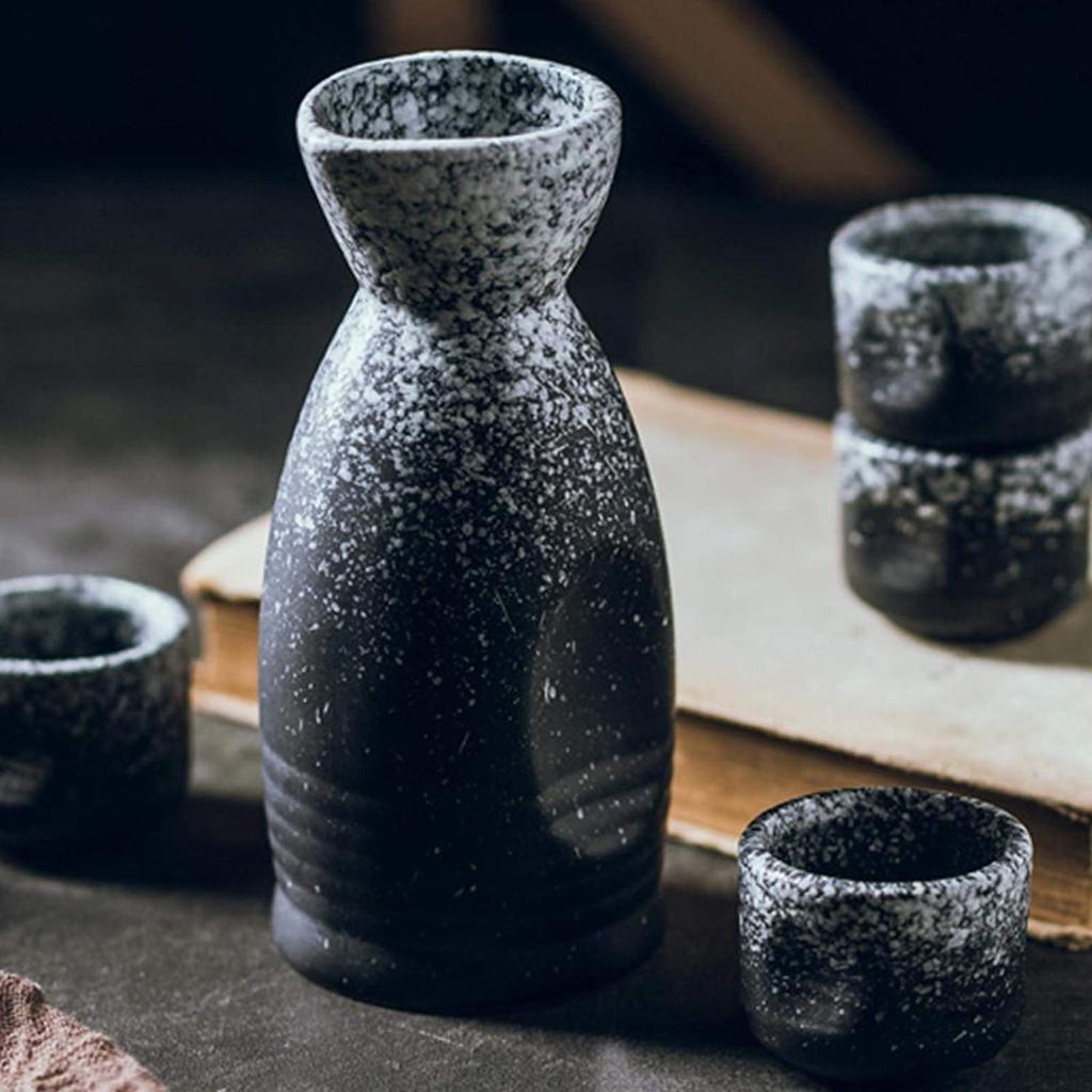 6 PCS Sake Set with Warmer, Japanese Traditional Ceramic Japanese Sake Cup Sets with Warmer, 1 Sake Pot, 4 Sake Cup and Warming Pot