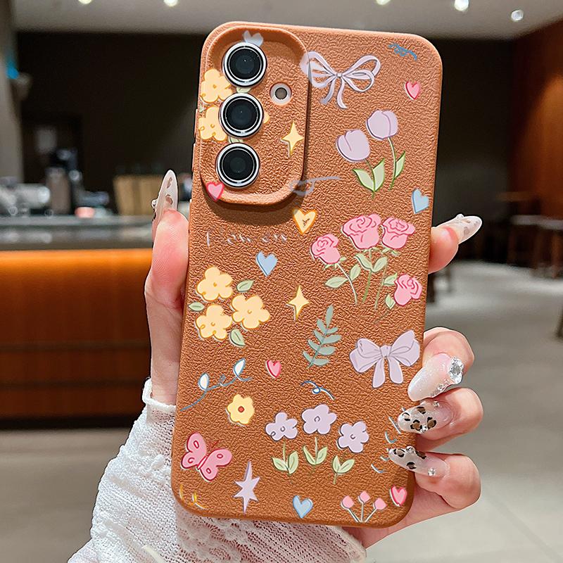 Cartoon Floral Bowknot Print Slim Phone Case For Samsung S25 S24 FE S23 Ultra A36 A56 A16 A55 A26 A35 Leather Texture TPU Soft Shockproof Matte Cover
