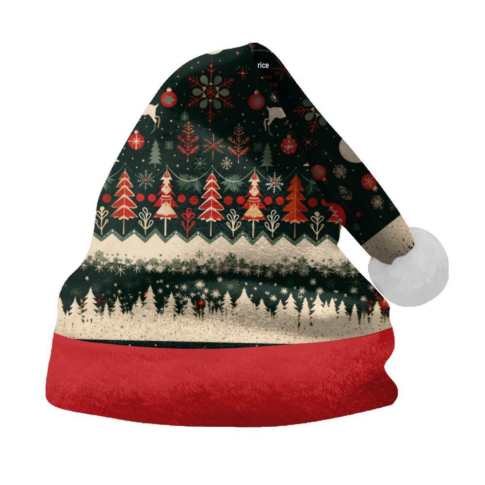 2024 Pluszowa Czapka Świąteczna z Nadrukiem Łosia dla Dorosłych i Dzieci - Podszyta Polarem, Dwustronna, z Dużym Rondem