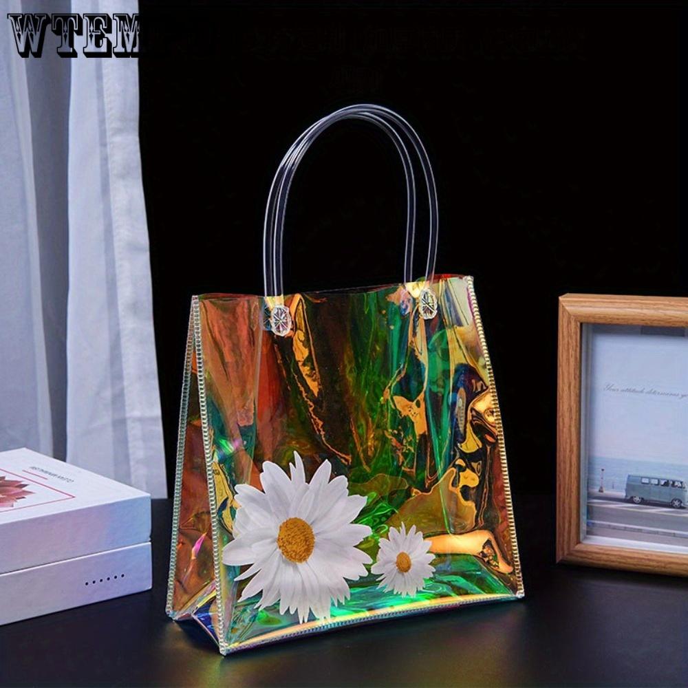 4pcs Holographic Clear Gift Bags with Handle Party Favor Bags Plastics Shopping Bags Goodie Bag Tote Bags Rainbow Holographic Gift Bag Gift Wrap Bag