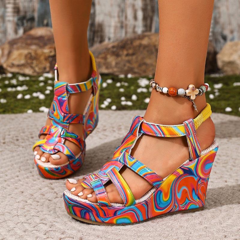 High Heel Sandals Women's New Cross-border Foreign Trade Large Size Wedge Embroidered One Line Buckle Peep Toe Platform Women