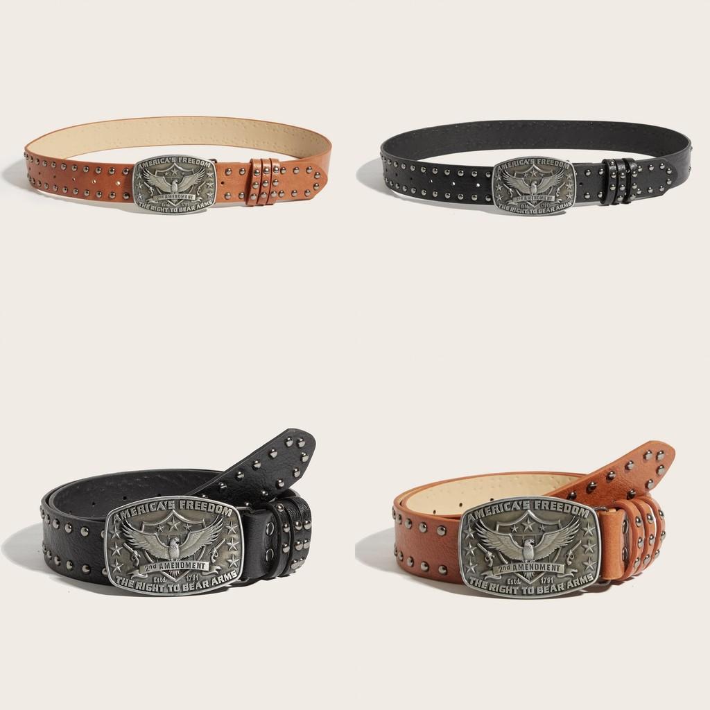 Leather Rivet Decor Punk Belt With Alloy Buckle And Eagle Pattern Casual For