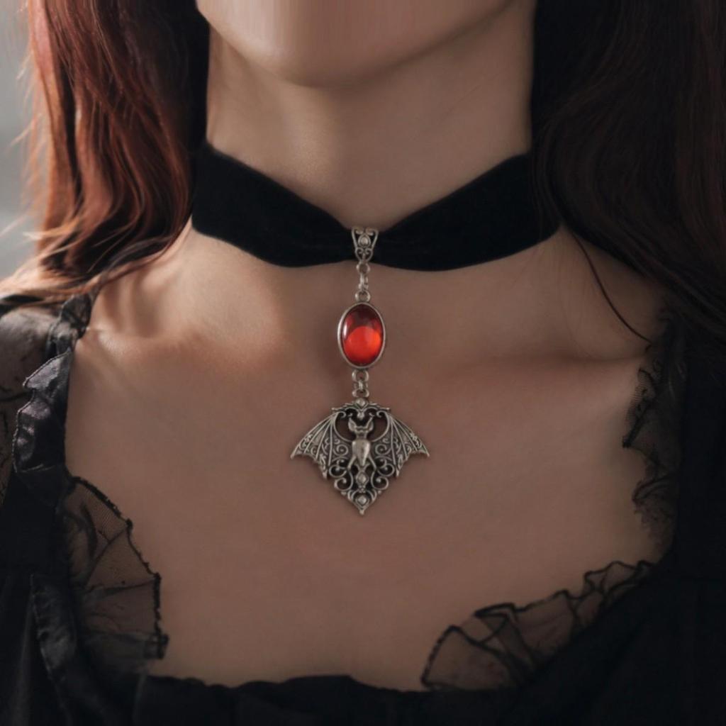 Gothic European Dark Style Bat Plush Choker with Ruby Pendant