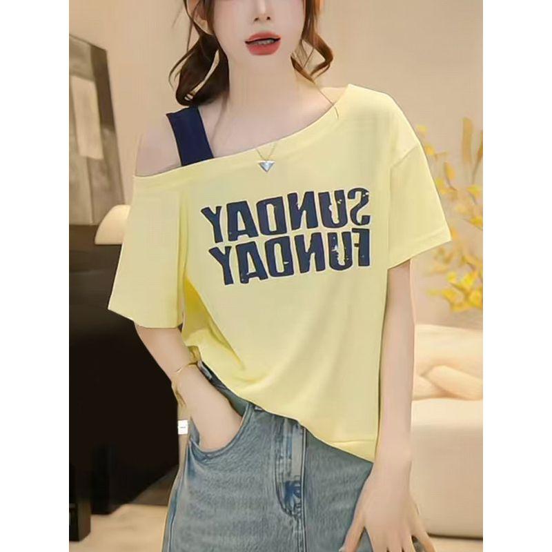 2026 Summer New Style Gray Printed One-Shoulder Short-Sleeve T-Shirt for Women, Korean Niche Design, Versatile Short Top