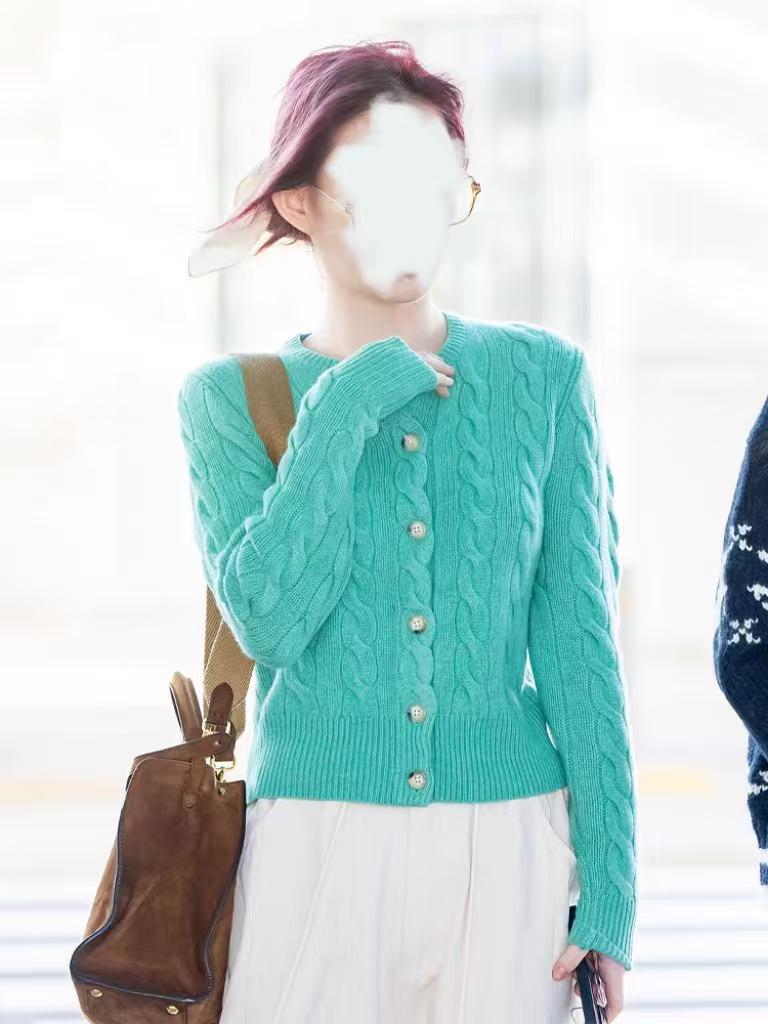 Li Cai Ling Green Cable Knit Round Neck Cardigan - Women's Slim Fit Versatile Sweater, 2025 Spring Collection.
