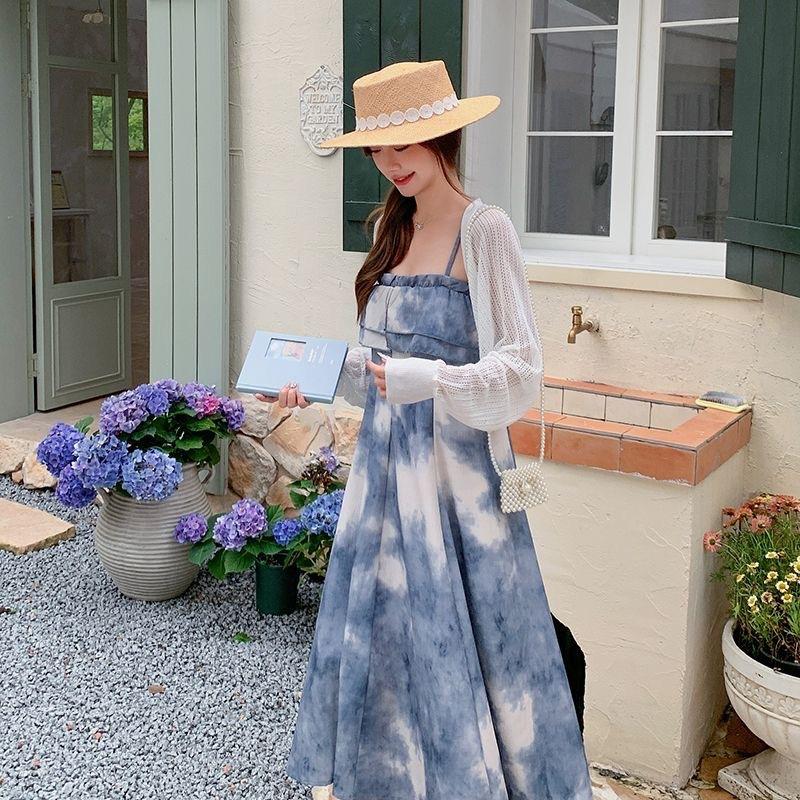 College style misty rain Jiangnan ink smudge chest wrap skirt summer high sense skirt one word shoulder suspender dress women