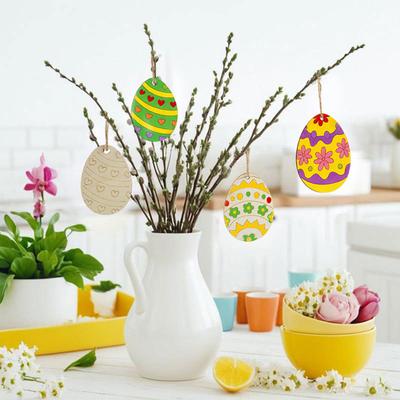 14Pcs Oval Wooden Easter Hanging Decoration DIY Handmade Unfinished Flower Love Heart Rabbit Egg Ornament Holiday Party Decor Pendant
